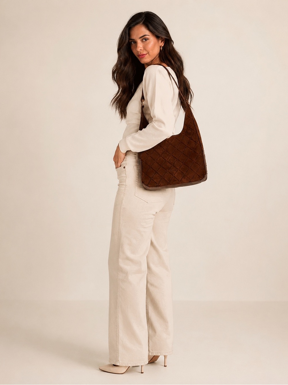 Hammitt Tim Medium Chocolate Diamond Suede Hobo Bag Antique Gold - Picture 7 of 10